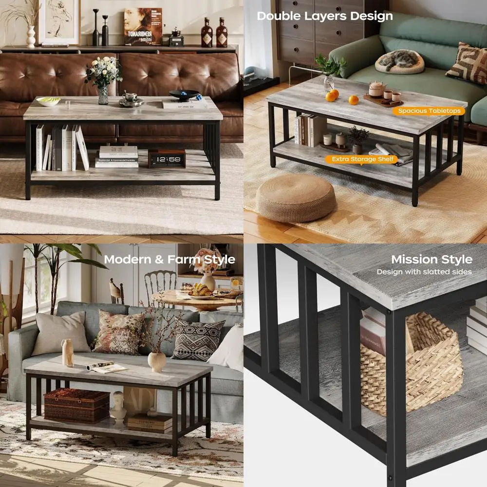 

Grey Wash 39 Slatted Side Living Room Table with 2-Tier Storage for Home Office