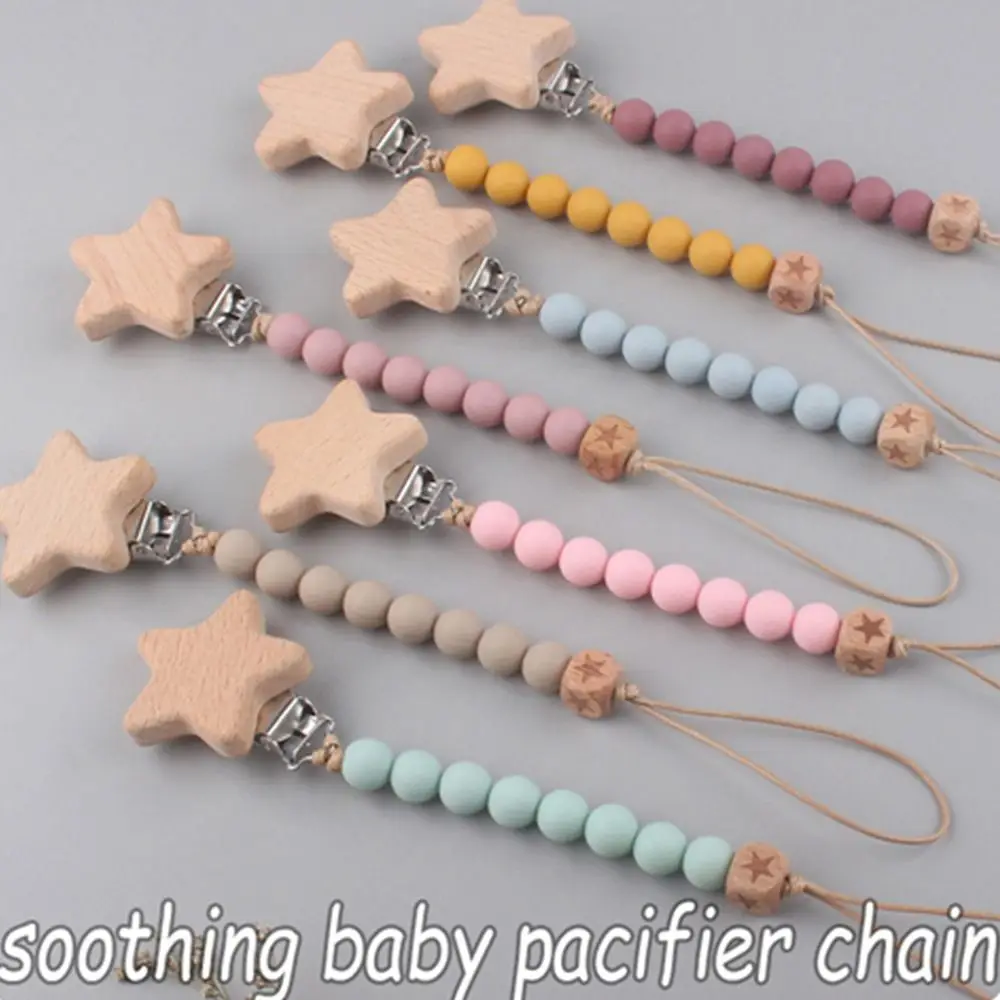 

High Quality Silicone Baby Pacifier Clips Beech Wood Star Pacifier Chain Nipple Bracket Holder Toddler Toys Holder