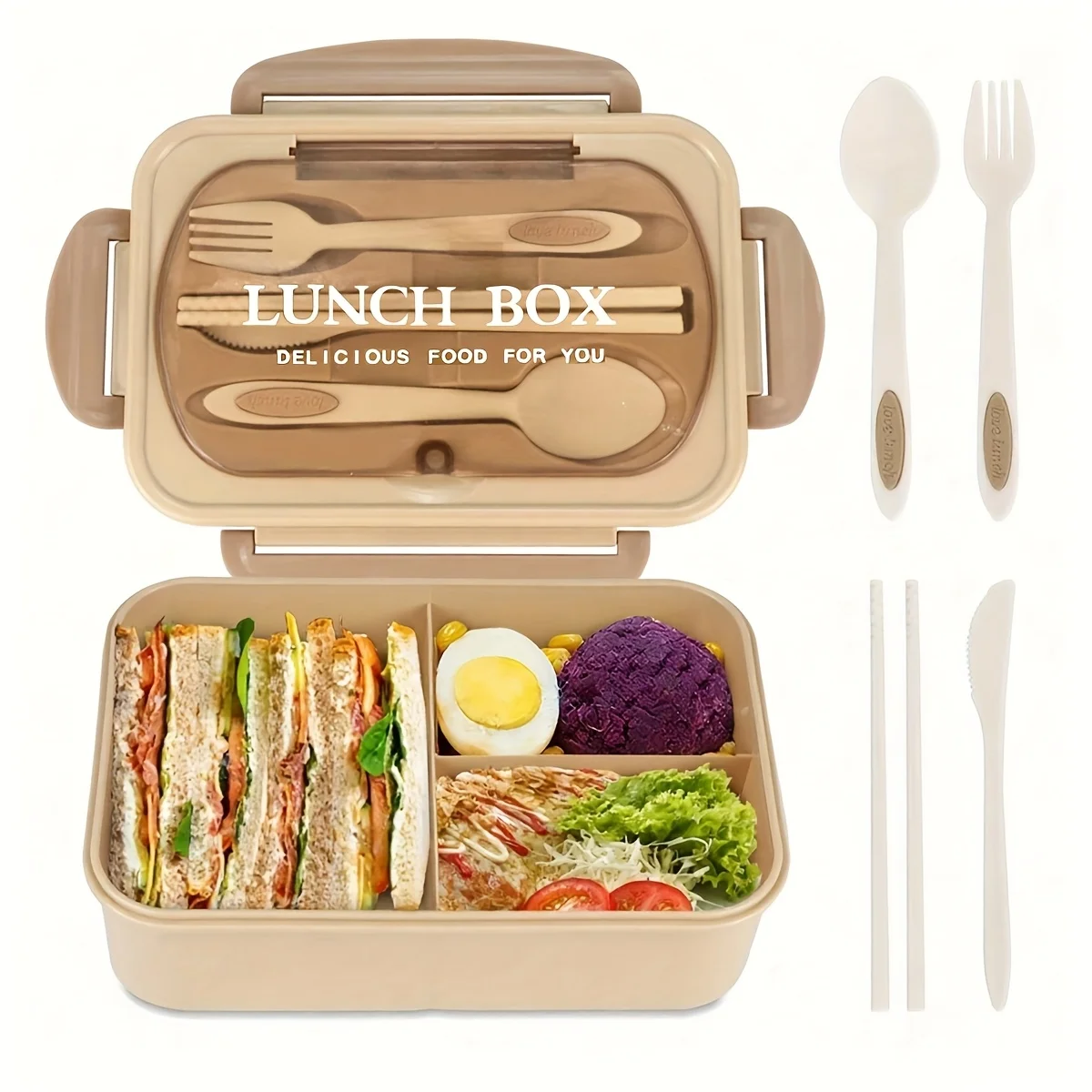 1 Leak-Proof Silicone Lunch Box (with Utensils), Suitable for School, Work, Travel — Microwave-Safe 3-Compartment Container, Portable Plastic/Silicone Lunch Box