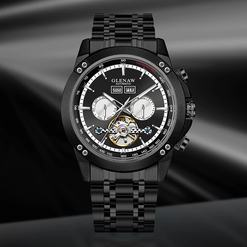 Reloj multifunción mecánico totalmente automático de marca de alta gama Glenaw, reloj resistente al agua con personalidad de negocios para hombres