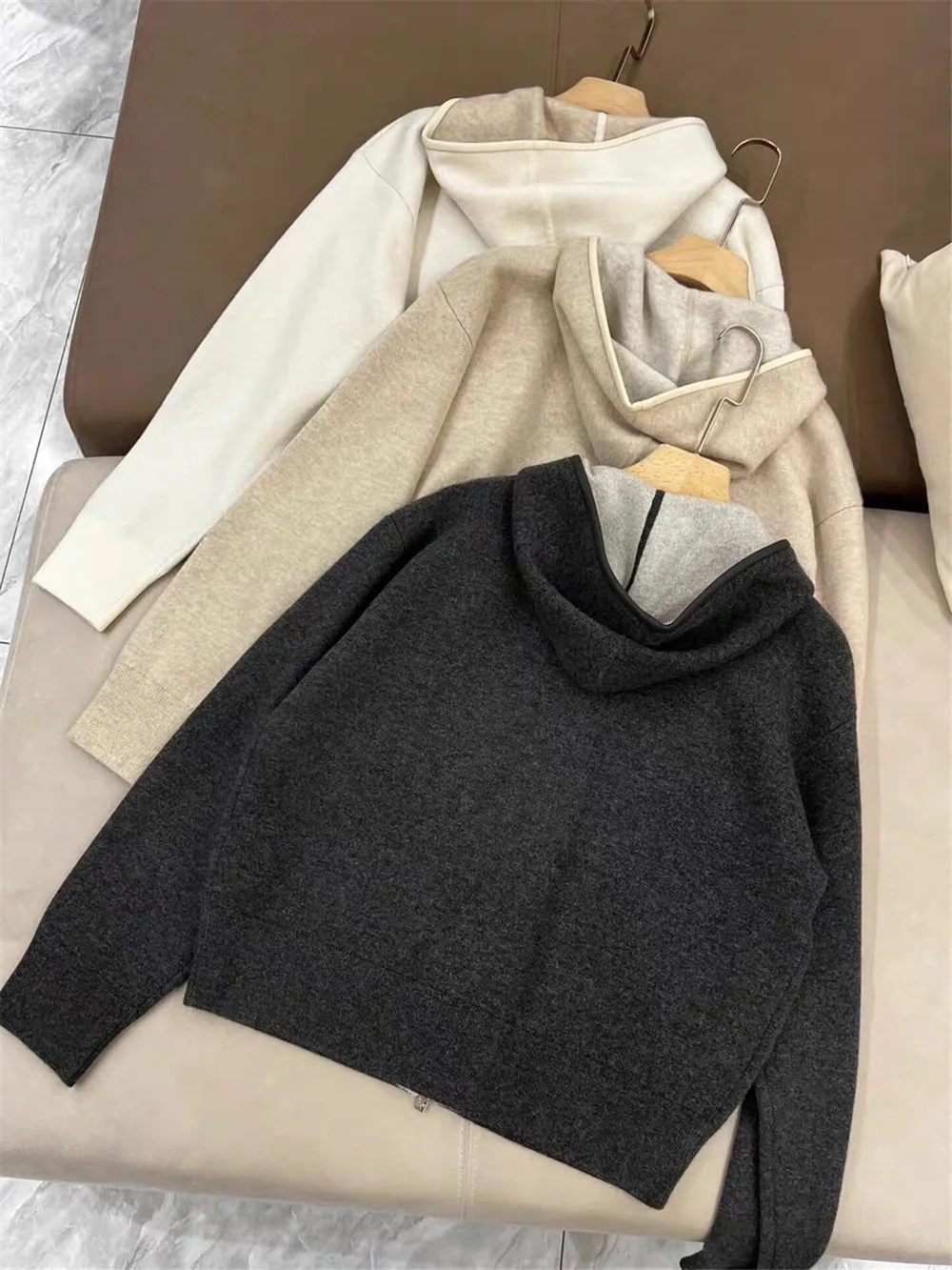 2023 New Women Casual Cashmere Hooded Cardigans Sweater Patchwork Pocket Knitted Jacket