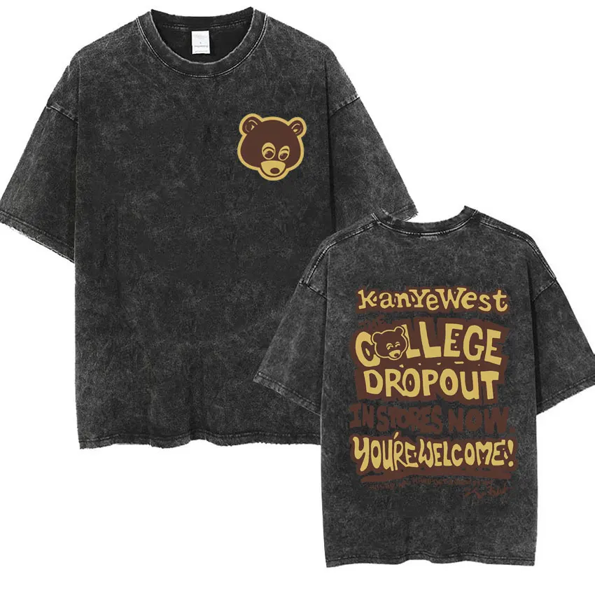 Kanye West College Dropout Bear Washed Tee Shirt Men\'s Women Vintage Hip Hop Style T-shirt Oversized Loose Short Sleeve T-Shirts