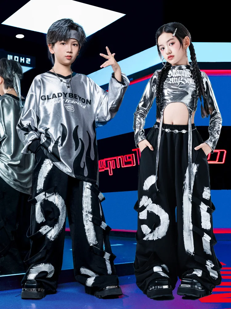 Dziecięca odzież Kpop Hip Hop Szara bluza z płomieniami Krótki top Graffiti Spodnie dresowe na szelkach dla dziewczynki i chłopca Stroje do tańca ulicznego