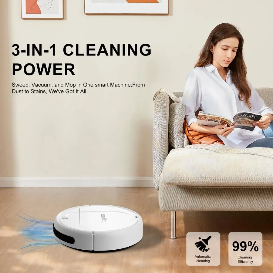 Kombinasi Vacuum dan Mop, Robot Vacuum Cleaner, Robot Vacuum 3in1, Kebisingan Rendah, Desain Ramping, Anti Kusut, Penghindaran Rintangan Canggih, P