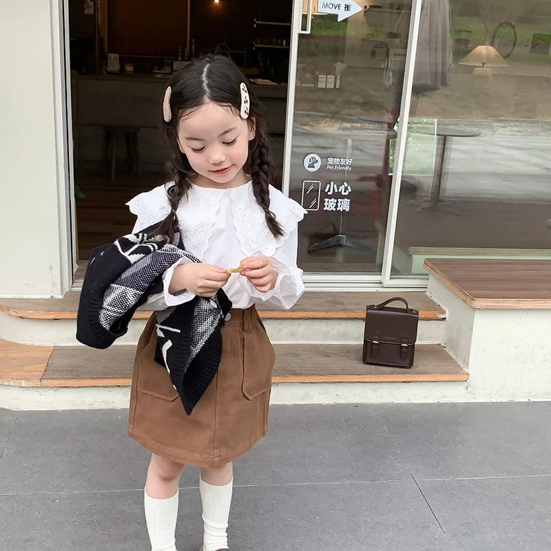 Children Clothes White Shirt Top 2024 Autumn Girls Sweet Large Lace Lapel Solid Color Long Sleeve Casual Simple Kids Shirt