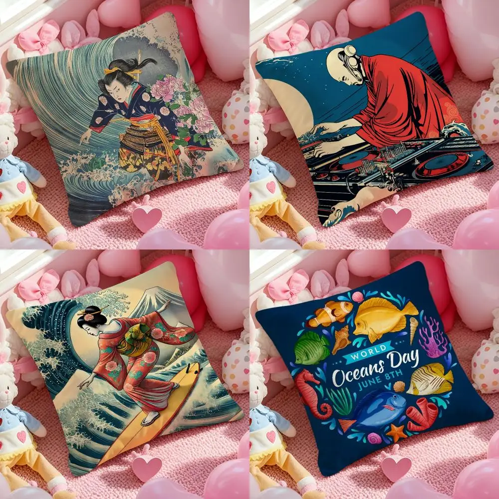 Classic Japanese Geisha Marine Day Cushion Cover Cushion Cover Soft & Easy-Wash Versatile For Couch, Bed, Travel And Office
