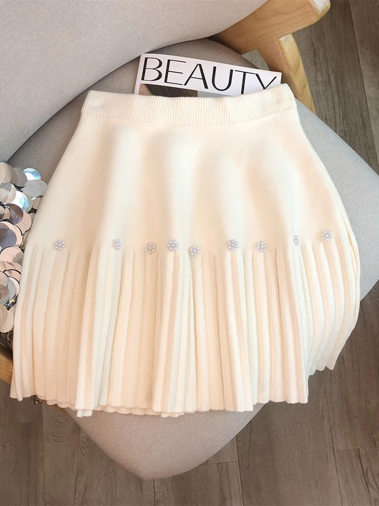 Jmprs Sweet Knitted Pleated Skirts Women Japan Preppy Style Sexy Mini Skirt Fall Winter Casual Lady Elegant Fashion A Line Skirt