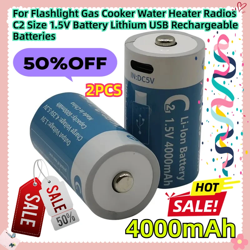 

For Flashlight Gas Cooker Water Heater Radios C2 Size 1.5V 4000mAh Battery Lithium USB Rechargeable Batteries