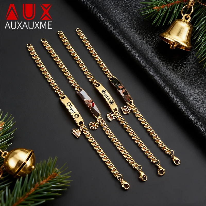 

Auxauxme индивидуальные цветные фото браслеты из нержавеющей стали с персонализированной гравировкой имени логотипа кубинский браслет-цепочка Рождественские украшения подарок