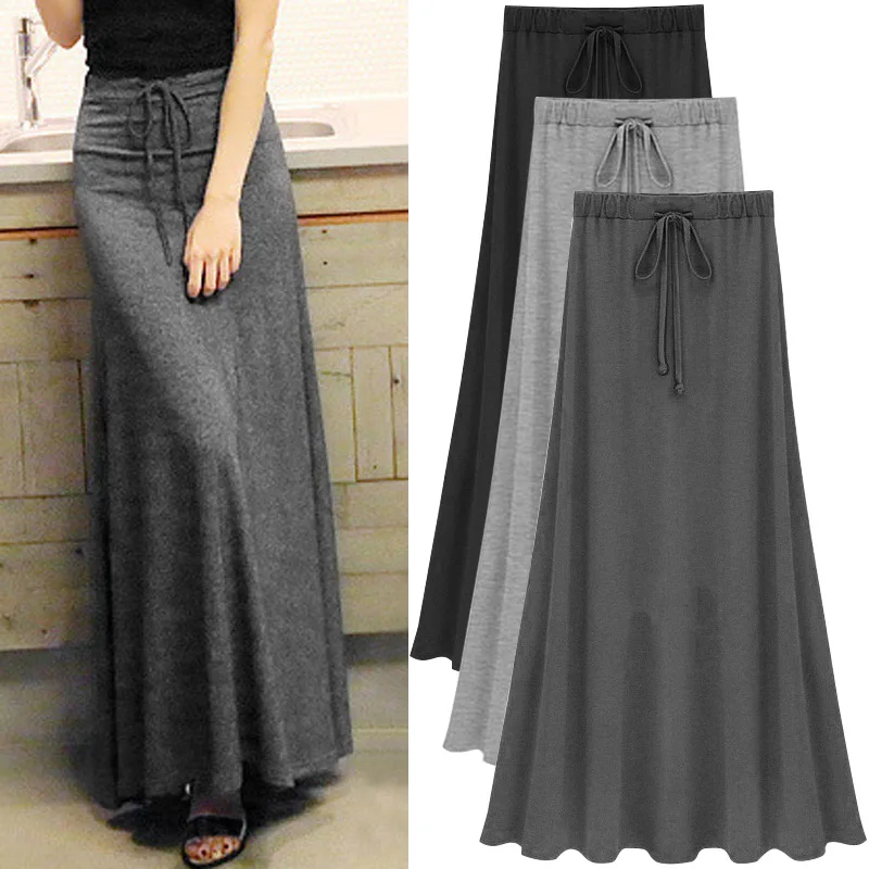 

Women's A-line Maxi Skirt Soft Modal Fabric Tie-Waist and Side Split Long Skirt