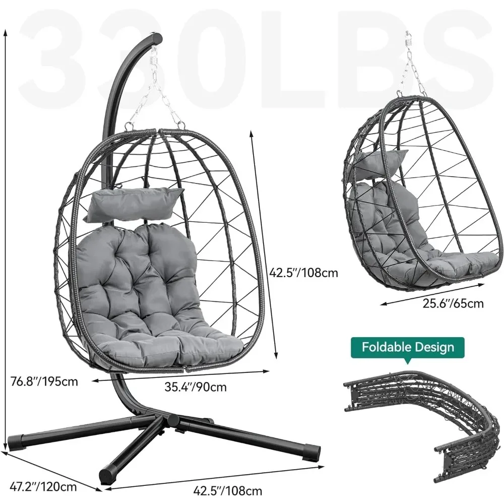 Hängender Eier stuhl mit Stands chaukel, Wicker Indoor Outdoor Eier stuhl mit Kissen, 330 Pfund für Terrasse, Garten und Balkon