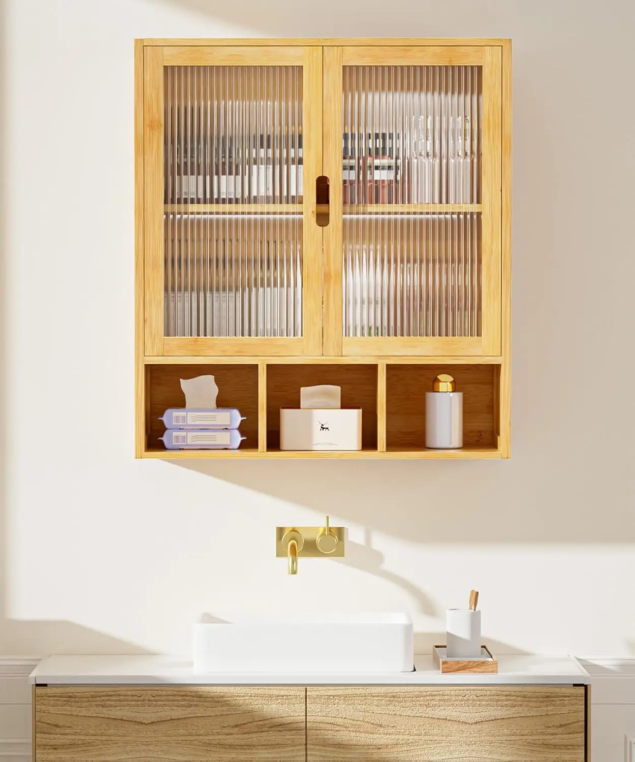 Bathroom Wall Cabinet With 2 Frosted Door,Bamboo Medicine Cabinet With Open Compartment,Over The Toilet Storage Organizer Space