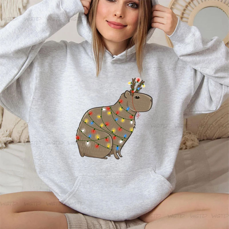 Christmas Hoodies Women Funny Cartoon Capybara Pullovers Cute Casual Hoody O-Neck Capybara Print Long Sleeves Female Sweatshirt