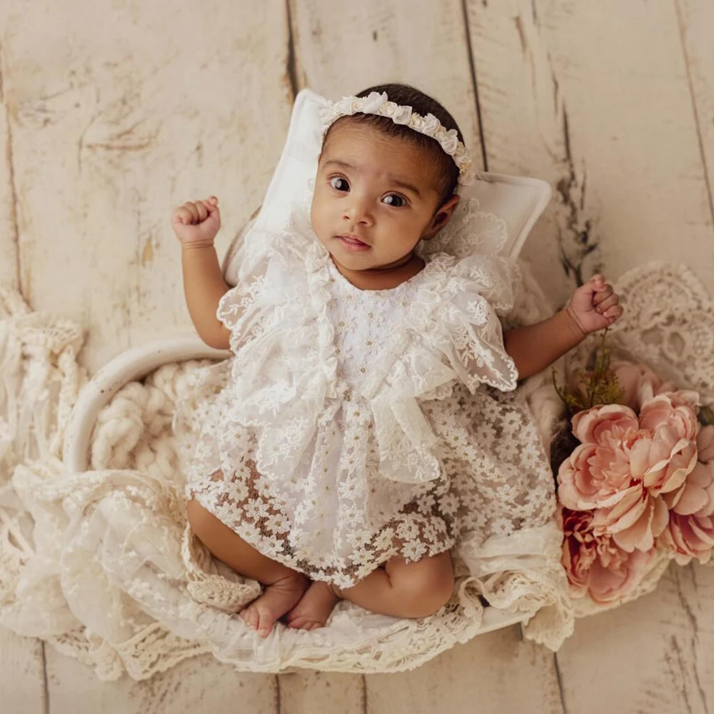 Newborn Photography Props Baby Girl White Floral Daisy Lace Dress Ruffle Tutu Infant Photoshoot Outfit 0-1 M Newborn Lace Dress