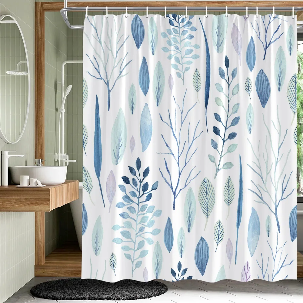 Plant Leaves Flower Shower Curtains Set Garden Floral Drum Tower Fabric Bathroom Decor Splash Resistant Partition Bath Curtains