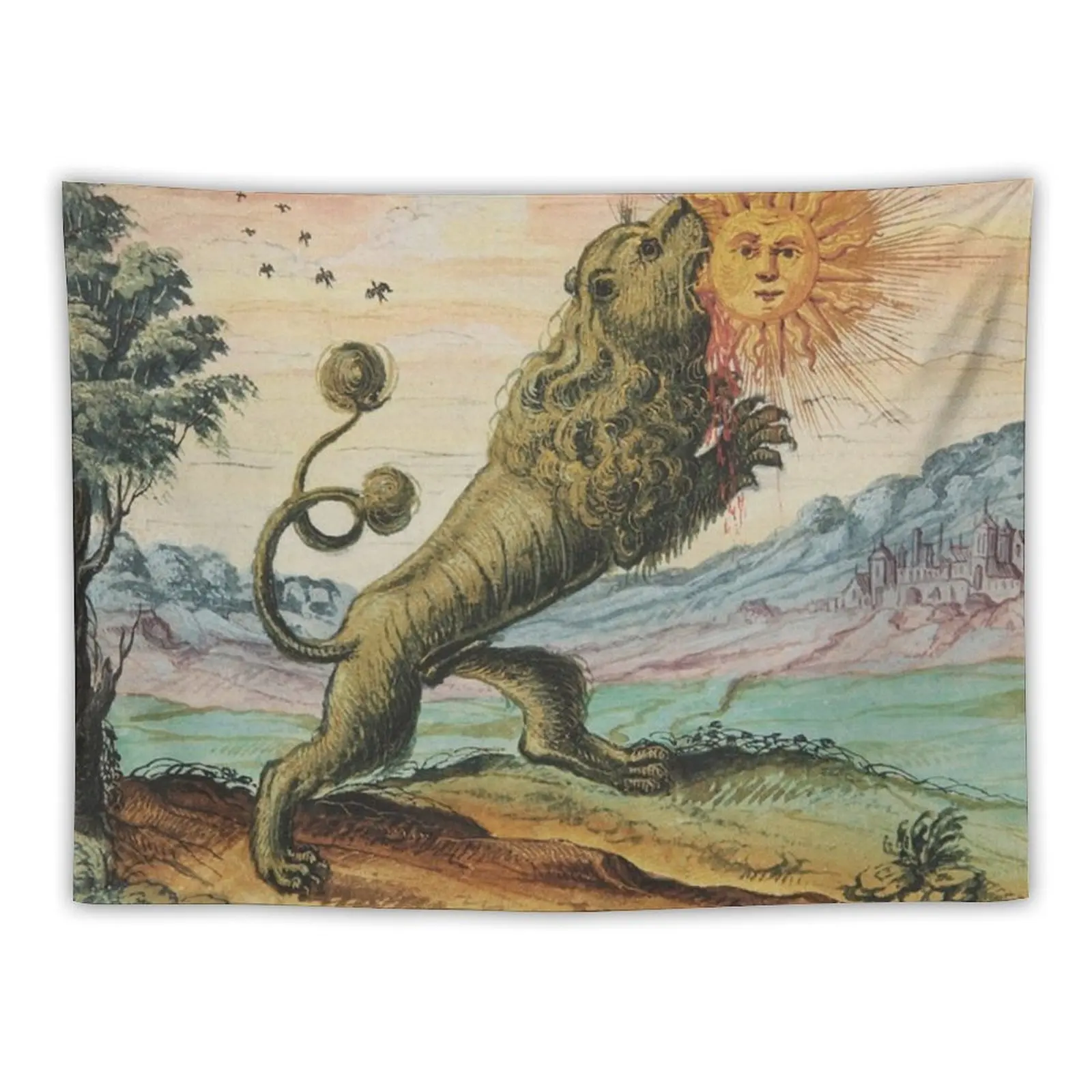 The Lion Eating The Sun Antique Alchemy Illustration Tapestry Cute Decor Art Mural Tapestry