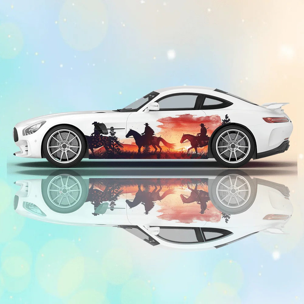 

Cowboys Riding Horses Back Home At Sunset; Full-body Decals To Cover Scratches and Protect Your Car; Waterproof. Car Vinyl Wraps