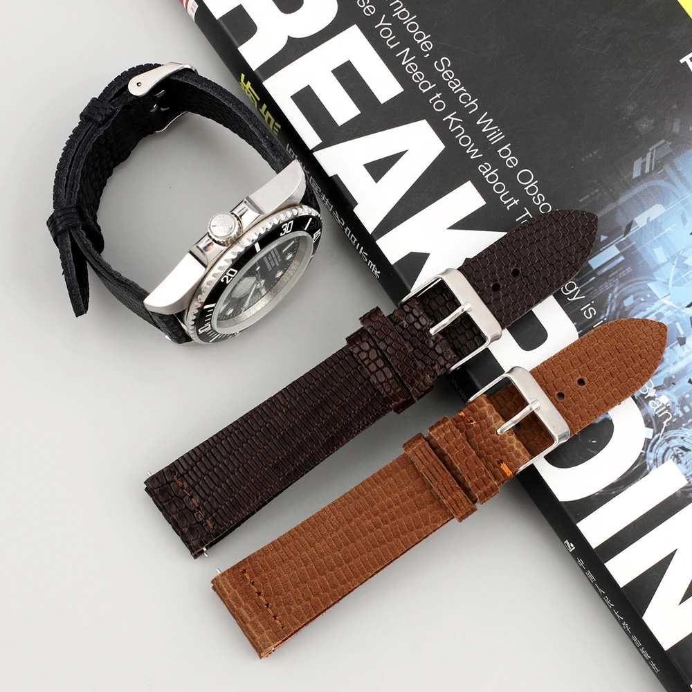 Lizard Pattern Genuine Leather Watch Band 18mm 19mm 20mm 22mm Men Women Watch Strap Charm Bracelet Black Coffee Brown