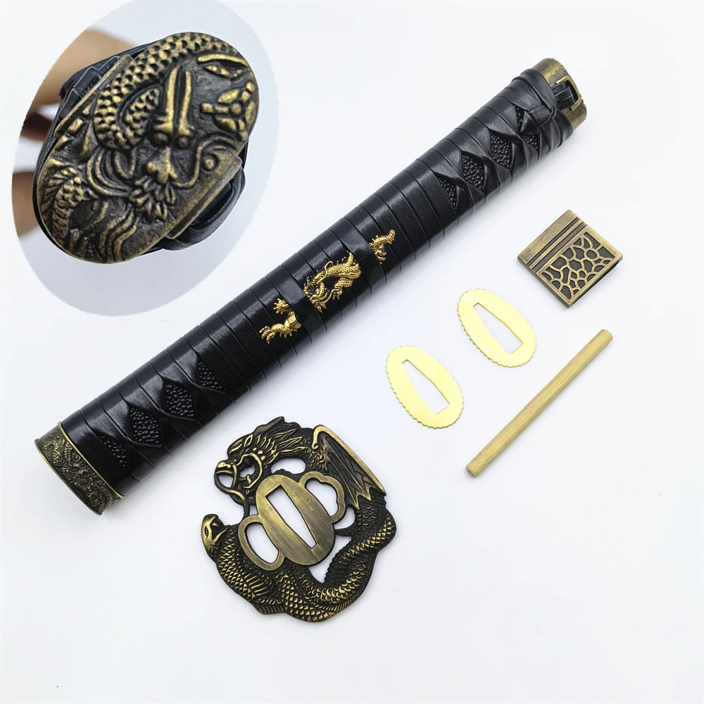 Japan 26cm Leather Handle Tsuka Alloy Guard Tsuba Kashira Fuchi Menuki Seppa Habaki For Japanese Sword Samurai Katana Fittings