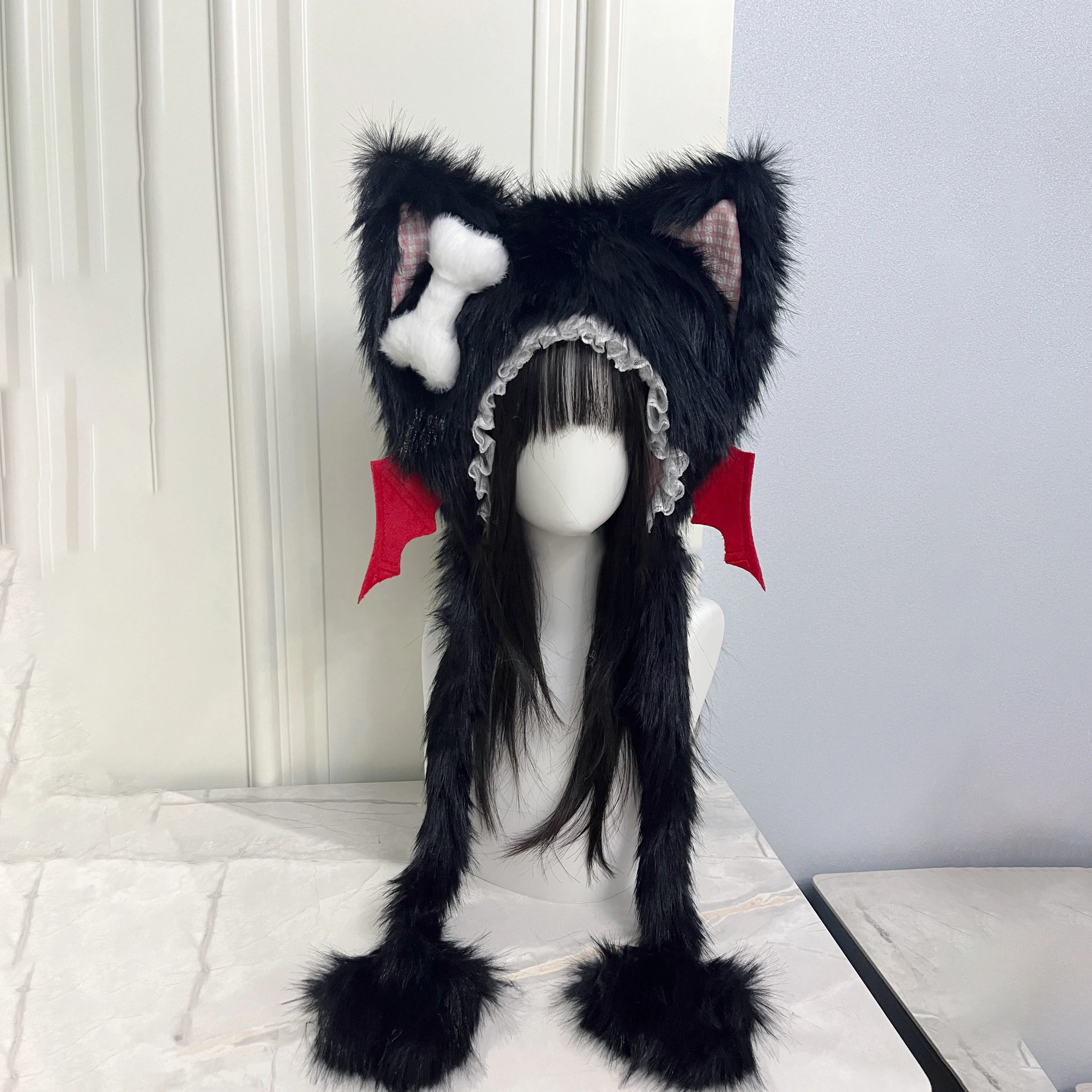 Women's Subculture Punk Cat Ears Angel Devil Wings Hat Cute Goth Lori Y2K Girls Warm Hat Winter Warm Lace Trimmed Plush Hat