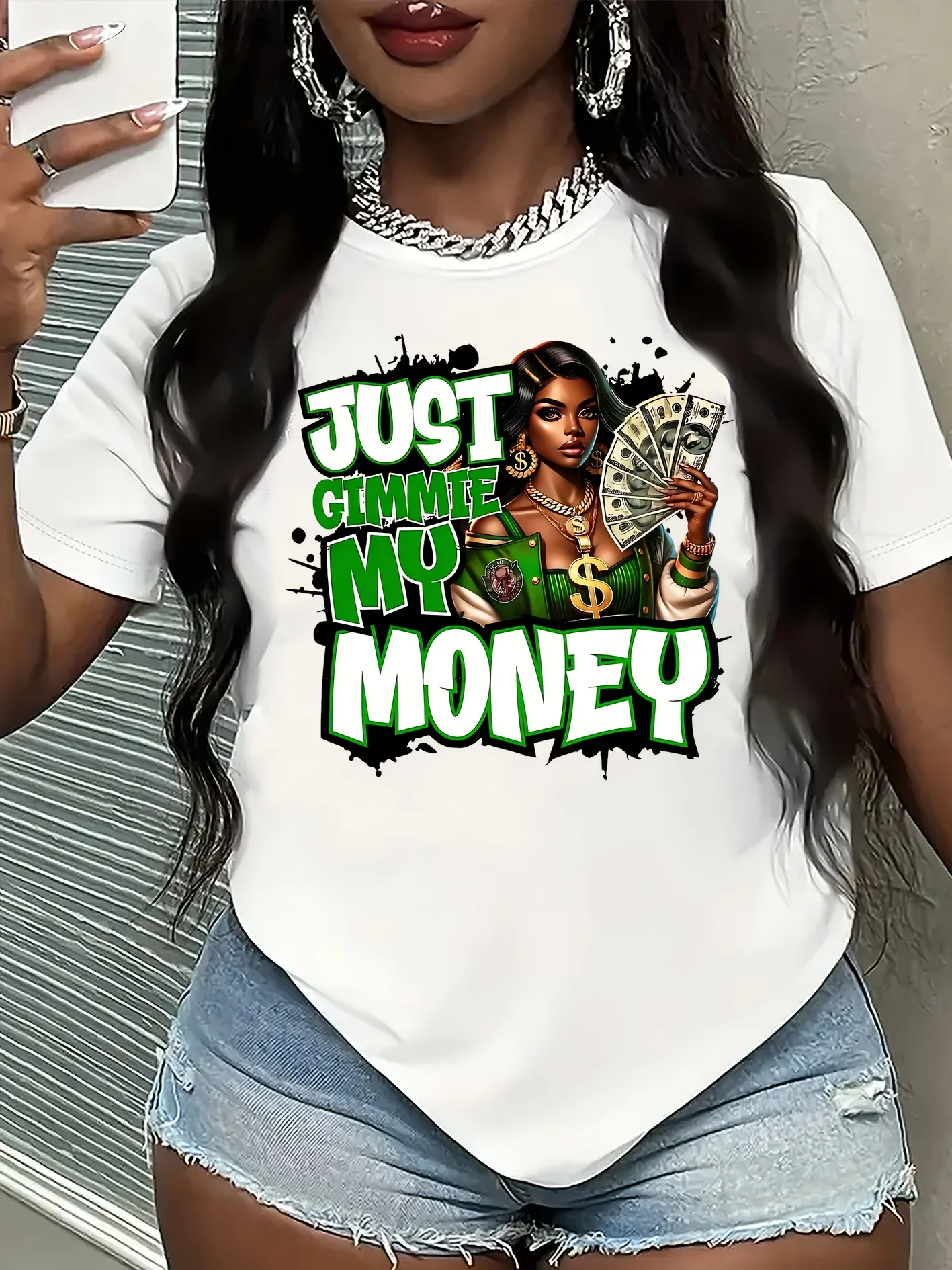 Just Gimmie My Money Women's Tee - Bold Graphic, Casual White Top