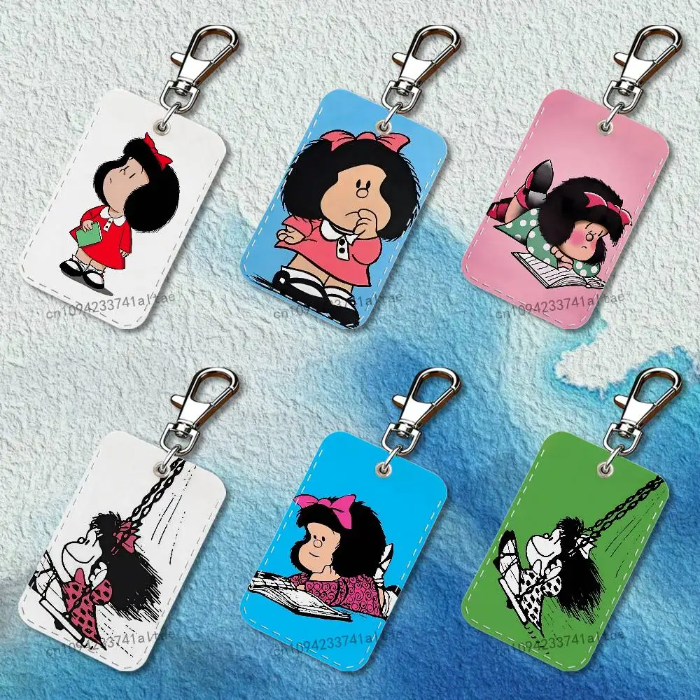 Cartoon M-Mafalda-ES Cute Rectangle Card Case Leather Card Holder Keychain Key Ring Transportation Card Case
