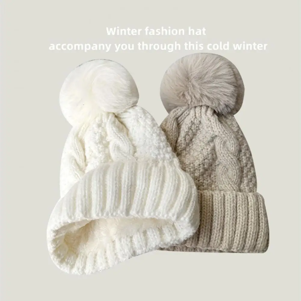 Cold Weather Thermal Hat Cozy Knitted Winter Hat with Plush Ball Decor Anti slip Ear Women's Soft Elastic for Fall