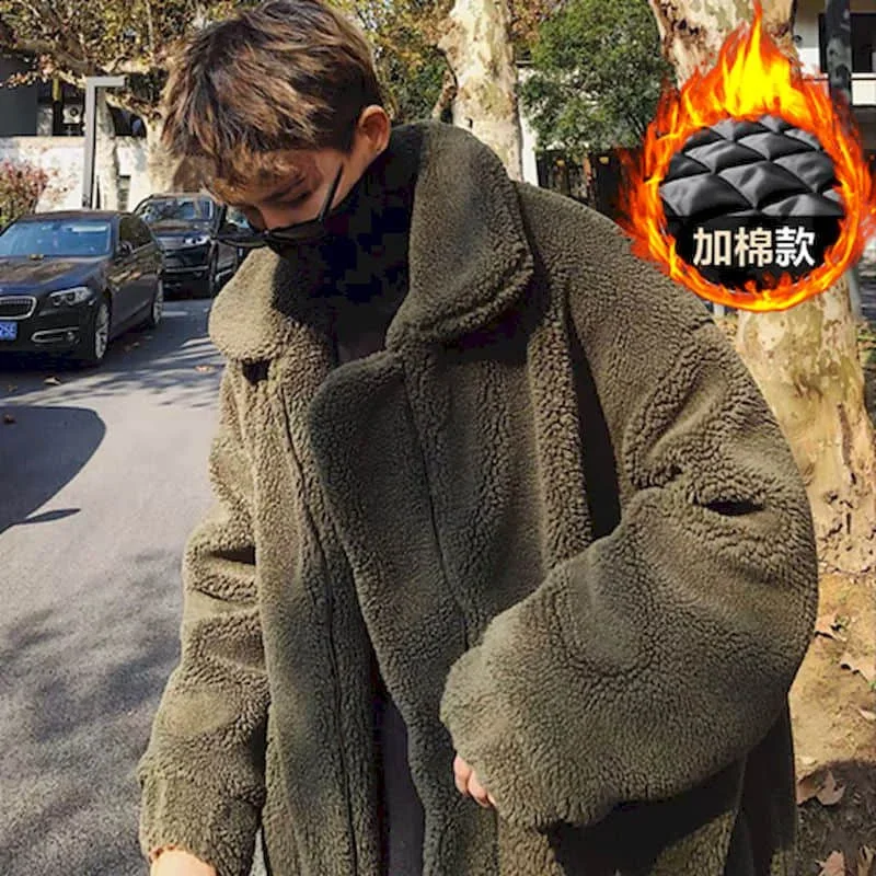 Thick Lamb Wool Coat Men's Winter Cotton  Padded Jacket Hong Kong Style Student Warm Jacket Men's Clothing