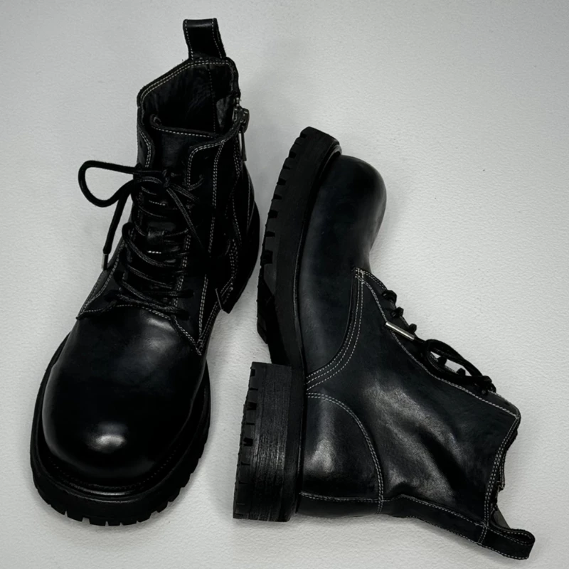 الأمريكية الرجعية غسلها جلد الحصان سميكة سوليد زيادة الأحذية الأحذية للذكور الحصان الجلد اليدوية Goodyear أحذية عالية الجودة الرجال #4