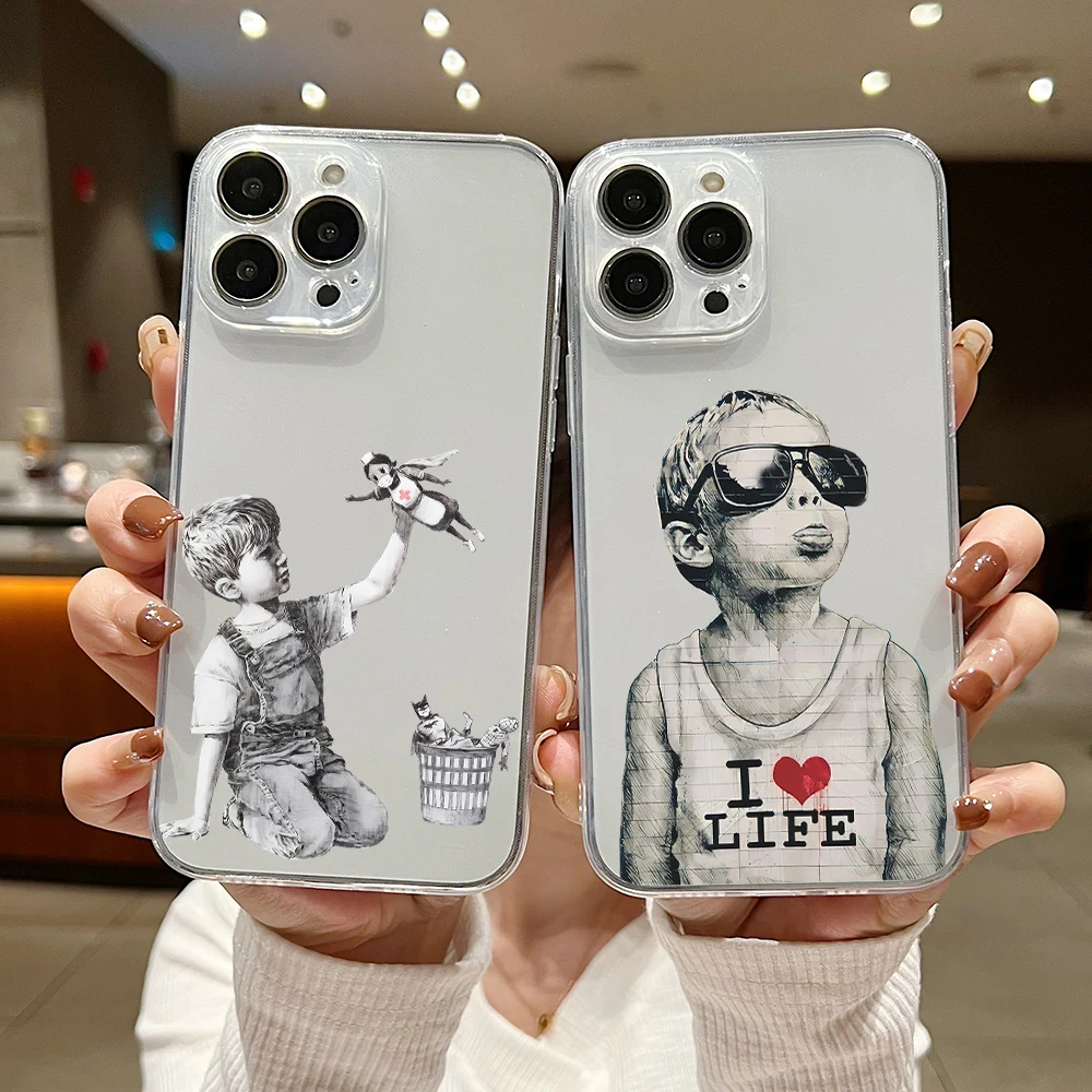 Funda de teléfono con Graffiti Artist Banksy, cubierta transparente para iPhone 15, 14, 13, 12, 11, Mini Pro Max, X, XR, XSMax, 6S, 6, 7, 8 Plus, SE20