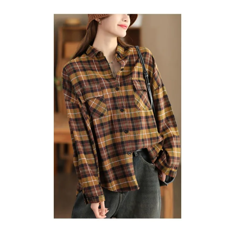 Retro Plaid Long Sleeve Shirt Women's Spring and Autumn Lapel Contrast Color Top