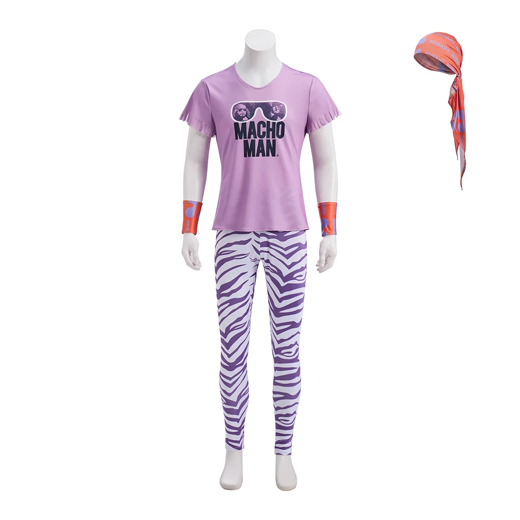 Macho Man Cosplay Costume Retro Wrestler Purple Fringe T-Shirt Zebra Leggings with Bandana Wristbands Men Halloween Outfits