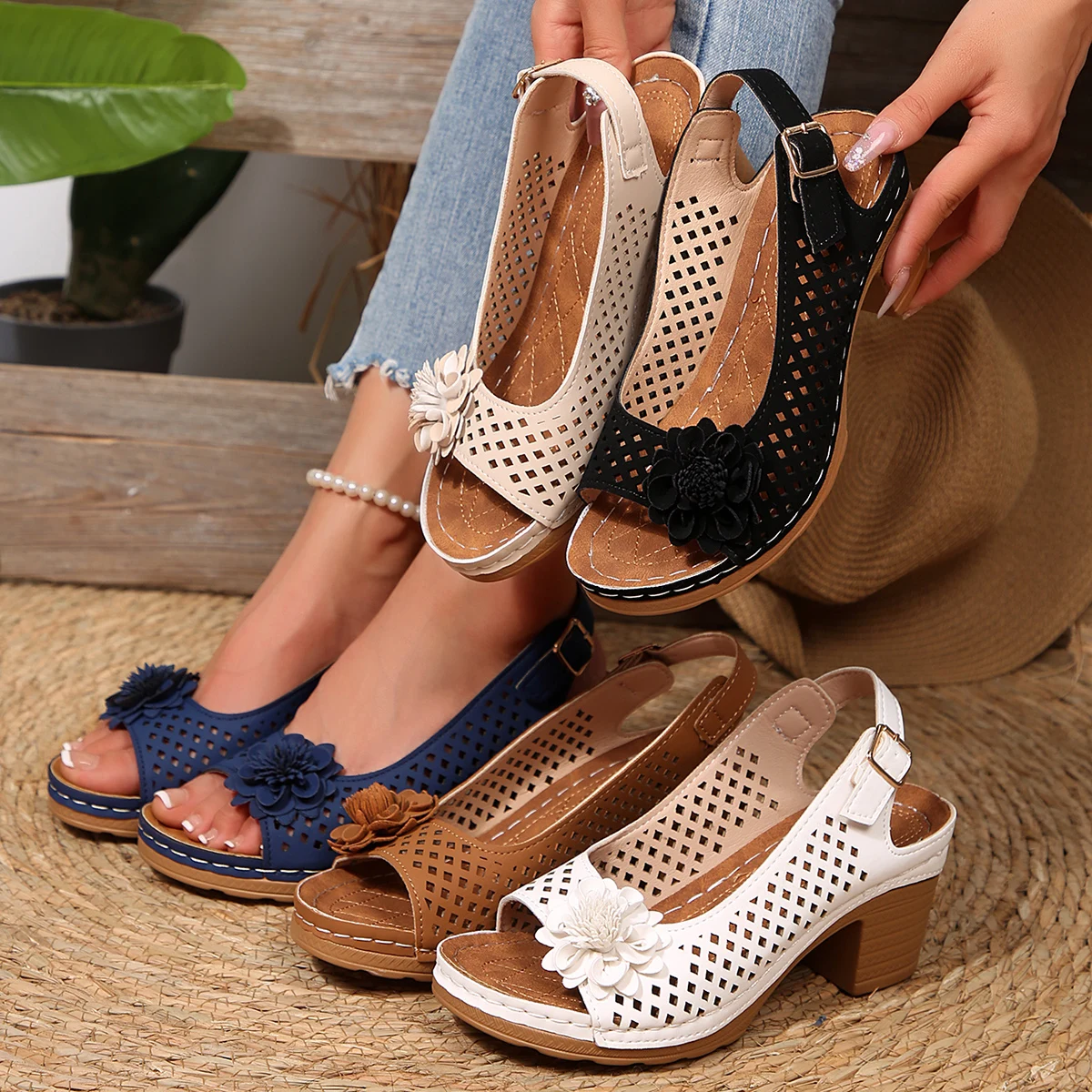 

Женские босоножки на блочном каблуке с перфорированным дизайном и 3D цветочным декором, регулируемый ремешок на щиколотке, удобная мягкая стелька, лето