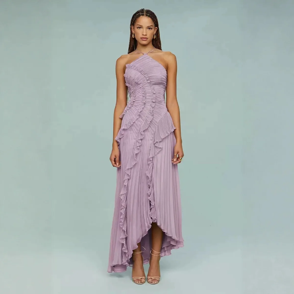 

Chic Elegant Lotus Edge Maxi Dress Slim Fit Backless Lace Up Halter Robes Sleeveless Party Vestidos 2025 Nw Lady Vacation Gowns