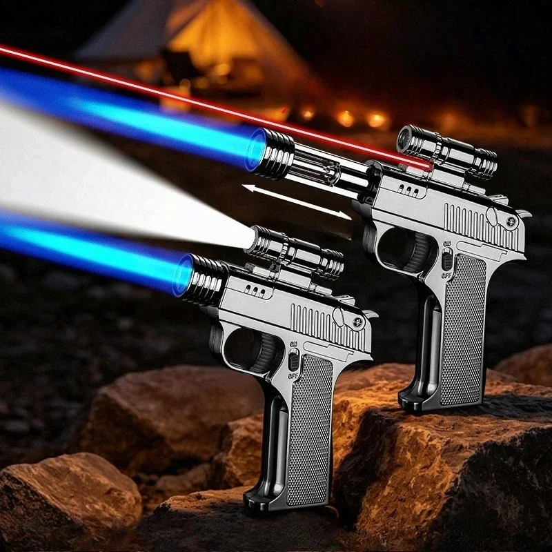 Metal Laser Flashlight Telescopic Spray Gun Windproof Lighter High Temperature High Firepower Inflatable Flame Gun
