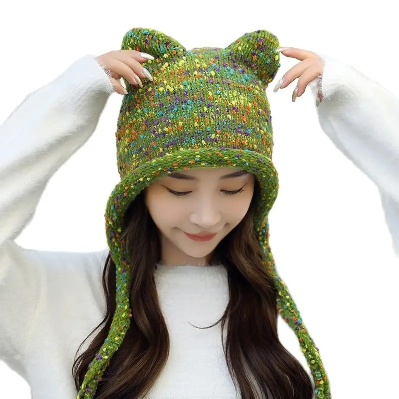 Winter cute Funny Ear protection hat with tails for womens Cartoon Earflap knit hats beanie caps Bomber hats outdoor