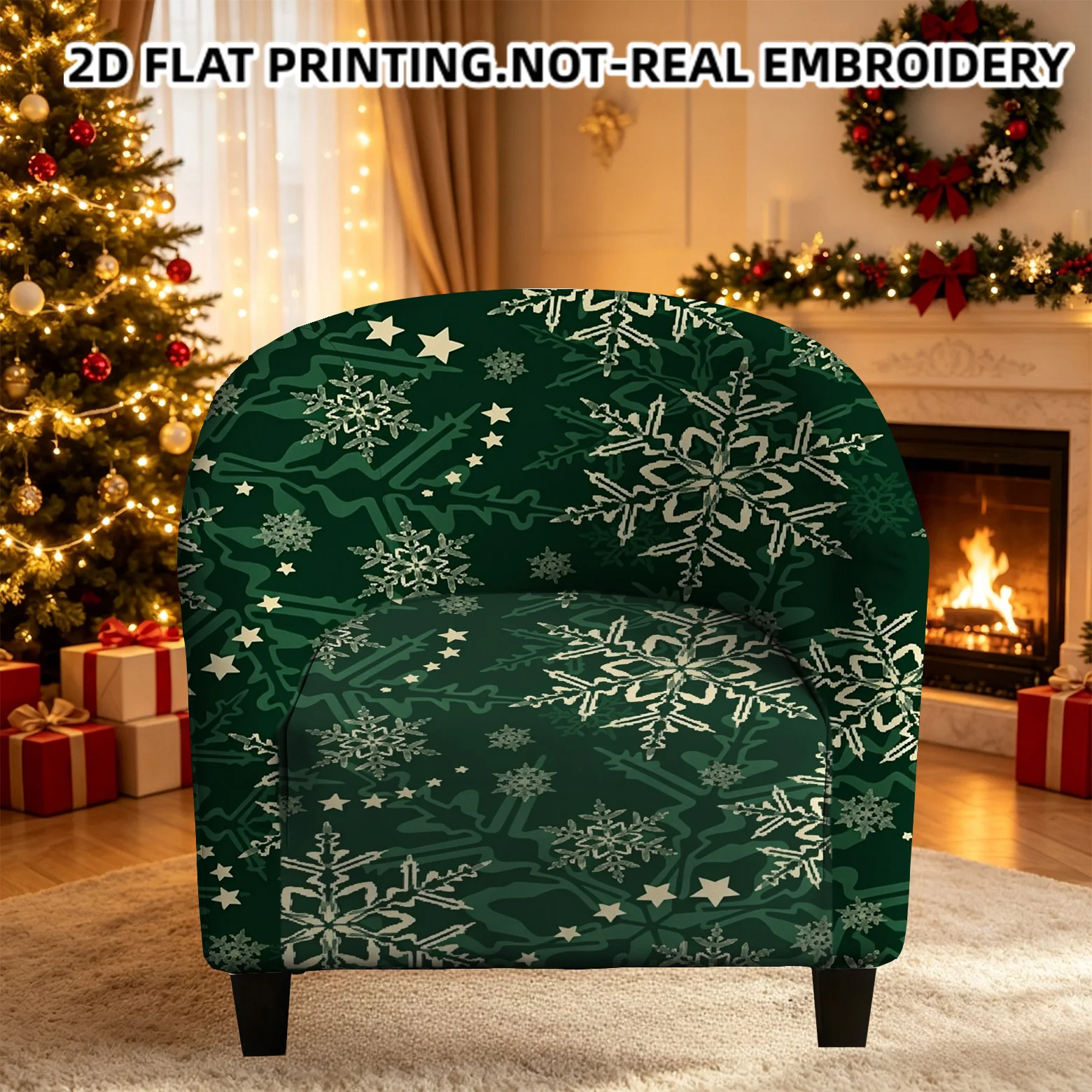 Winter seamless pattern with white snowflakes and stars printed armrest sofa cover, 2D printed elastic single club sofa cover