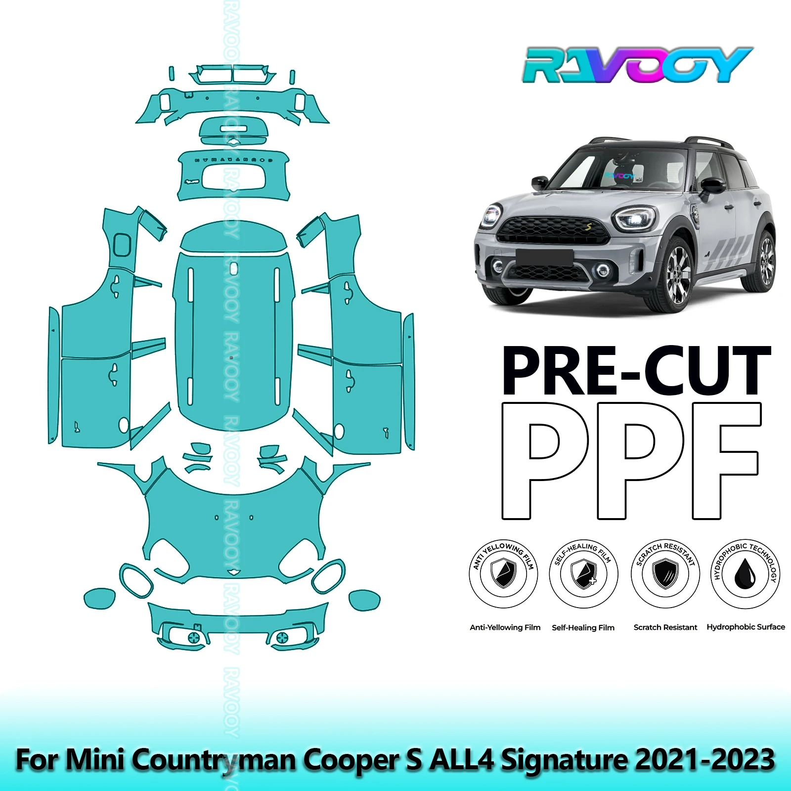 RAVOOY 8.5Mil Custom-Fit Precut TPU PPF Full Vehicle Clear Bra Stone Guard For Mini Countryman Cooper S ALL4 Signature 2021-2023