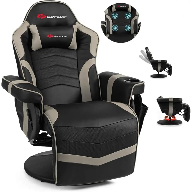 Gaming Recliner Massage with Footrest Ergonomic PU Leather Single Sofa with Cup Holder Headrest and Side Pouch, Adjustable Grey