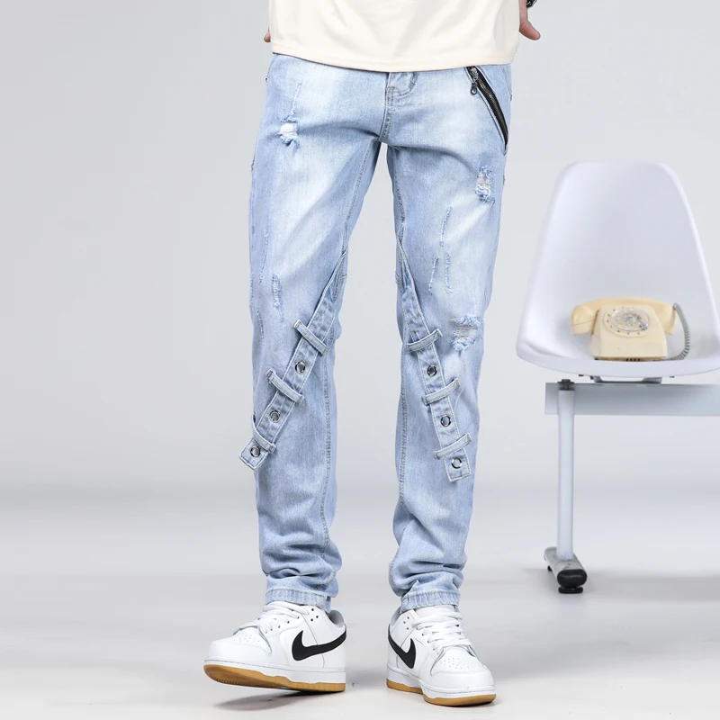 

2024 New Spring and Autumn Jeans Men's Splice Ripped Straight Leg Elastic Personalized Design Light Blue Small Feet Pants