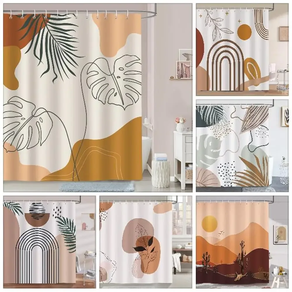 Boho Mid Century Brown Shower Curtain Abstract Modern Minimalistic Leaves Aesthetic Decorative fabric Bath Curtain Bathroom Deco
