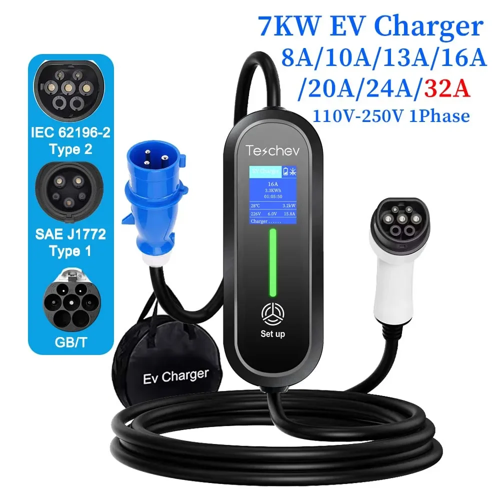 

7 кВт, 32 А, 1 фаза, тип 1/тип2, портативное зарядное устройство для электромобилей GB/T, 20234, зарядное устройство EVSE, зарядная станция для зарядного устройства для электромобиля