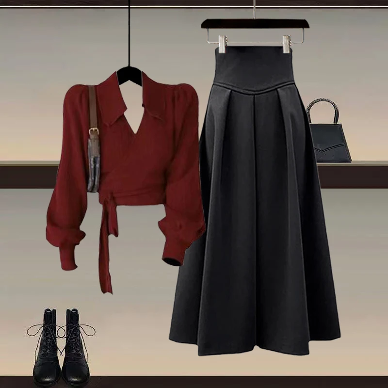 

Elegant Wine Red Turn-down Collar Retro Top And High Waist A-line Skirt Two-piece Set for Women Spring 2026 New Style