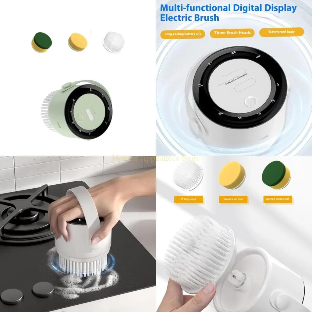 

D0AB Electric Dishwasher Brush Digital Display Scrubber Waterproof Shower Tool