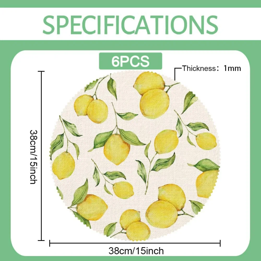 6pcs Lemons Placemats 15x15 Inch Round Table Mats Non-Slip Washable Linen Table Mats Fruits Lemon Placemats for Holiday Banquet