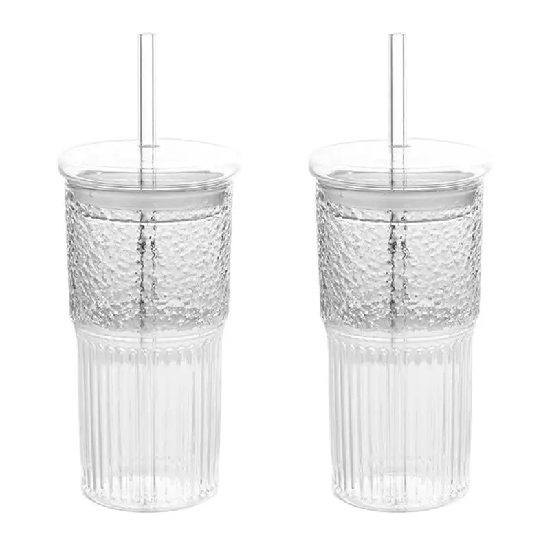 

ABUL-2X 600Ml Glass Cup Milk Coffee Cup With Lid And Straw Transparent Stripe Water Cup Mug Drinking Glasses Juice Tea Cup
