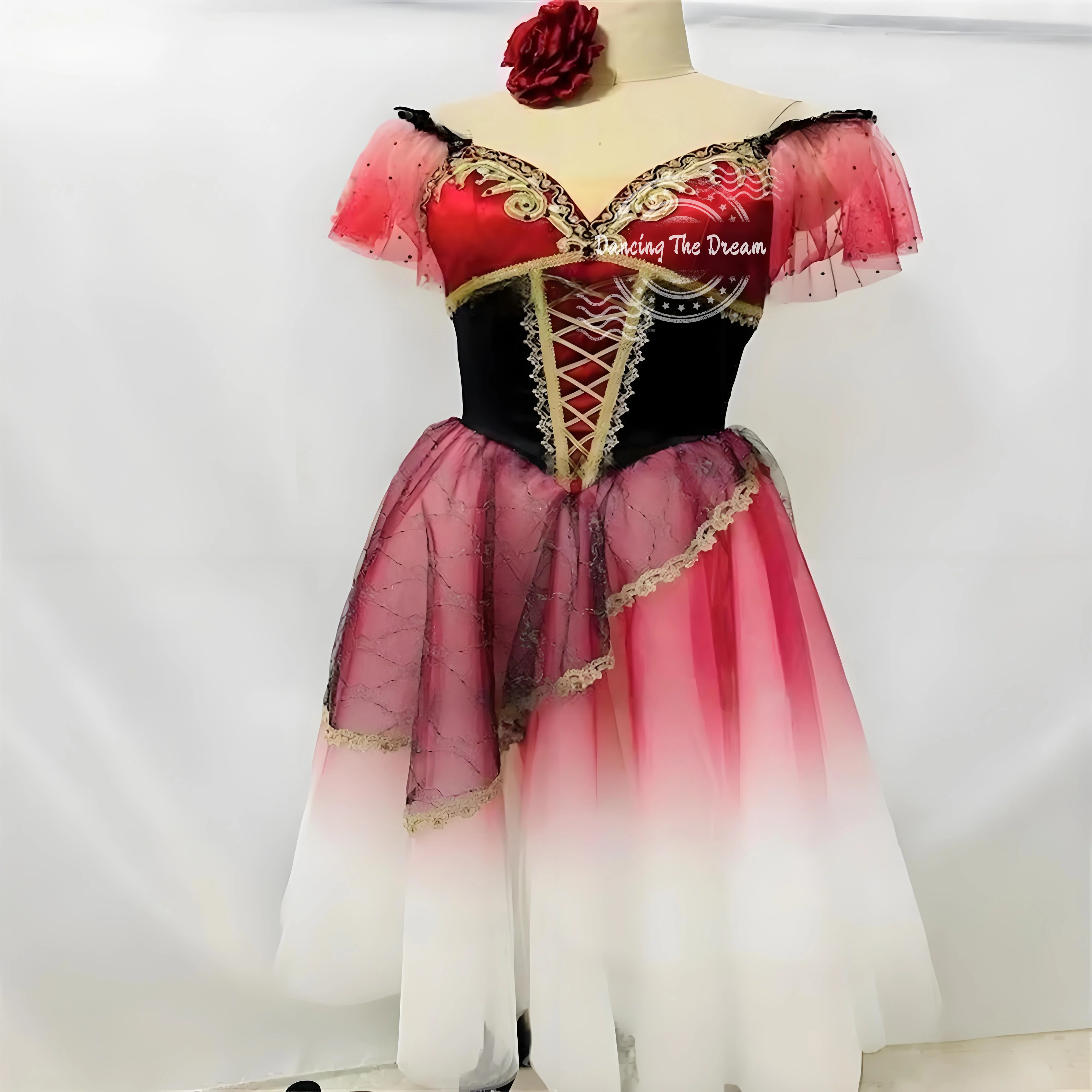 

Elegant Ombre Tulle Ballet Dress with Lace Details Red to Black Gradient Performance Gown for Women