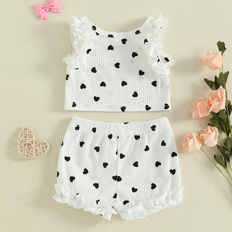 Conjunto de 2 peças para bebês meninas, sem mangas, gola redonda, babado, estampa de coração, regata e shorts