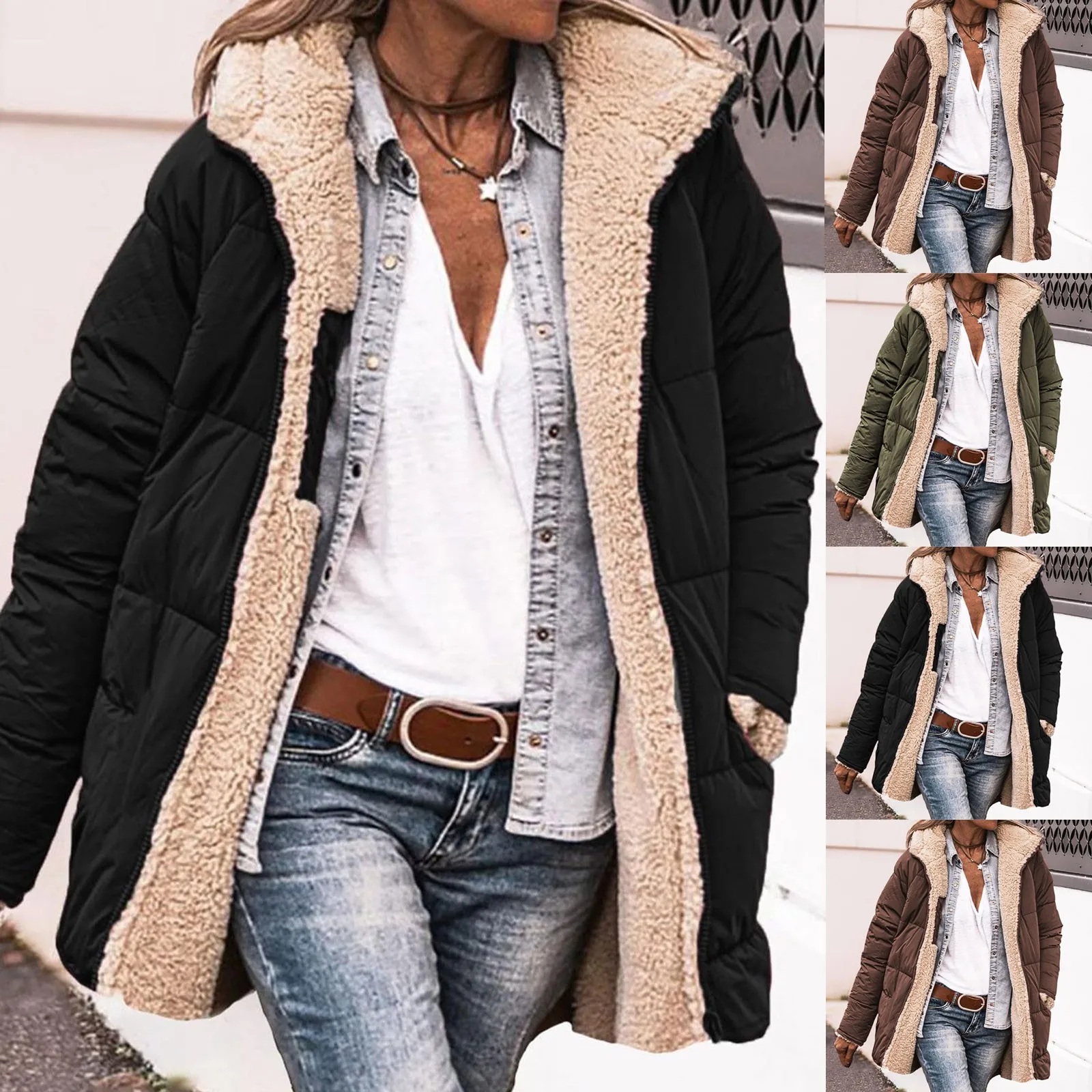 New Winter Hooded Cotton Jackets Women Lightweight Plush Lining Solid Color Ladies Parkas Loose Female Zipper Pocket Outwear