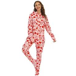 2022 New Women Pink Print Pajamas Jumpsuit Onesie Winter Casual Zipper Sleepwear Hooded Jumpsuits